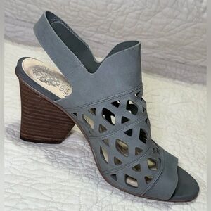 Vince Camuto Womens Size 9W Gray Deverly Cutout Nubuck Heeled Sandals Leather